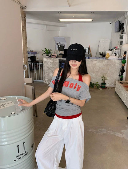 Light Gray Halter Fake Two-Piece Y2K T-Shirt