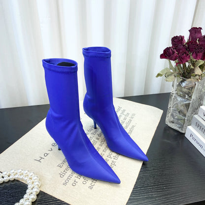 European Sexy High Heel Slim Boots Spring Autumn Colorful Mid Calf Sock Boots Pointed Toe Thin Heel Stretchy Boots Women