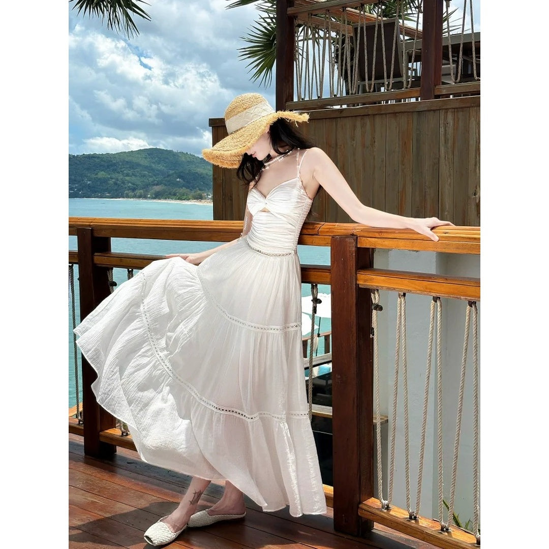 French White High-End Spaghetti Strap Resort Gown Dress