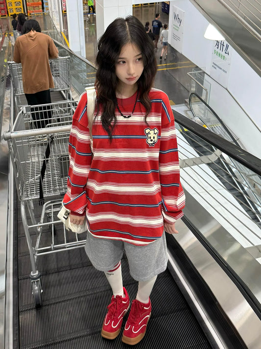 American Vintage Red Stripe Crewneck Sweatshirt  Casual Loose Fit College Long Sleeve Top