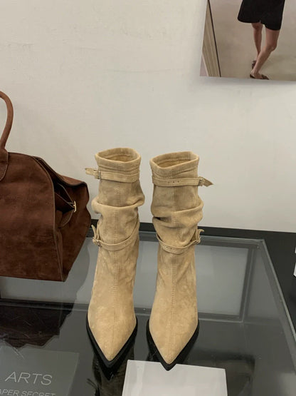 Fall Winter New French Retro Pointed Toe Thin Heel Ankle Boots Suede Slouchy Chunky Heel Western Boots
