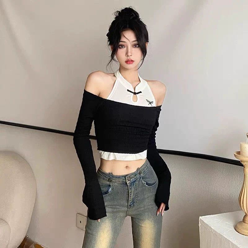Two-Piece Subculture Y2K E-girl Retro Off-Shoulder Ruffle Niche Slim Short Top
