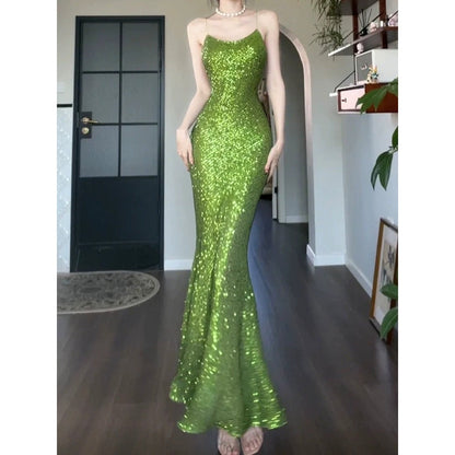 Luxury Sequin Evening Gown Spaghetti Strap Dress