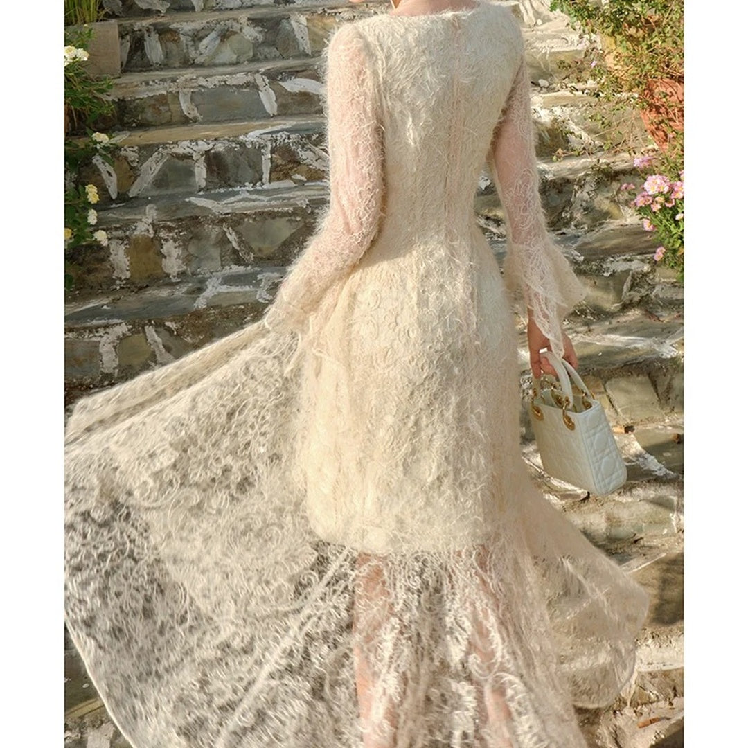 Embroidered Velvet Long Sleeve Gown Prom Dress