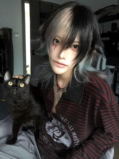 Subculture Black-Red Striped Polo Top Music Note Print Visual Kei Shirt