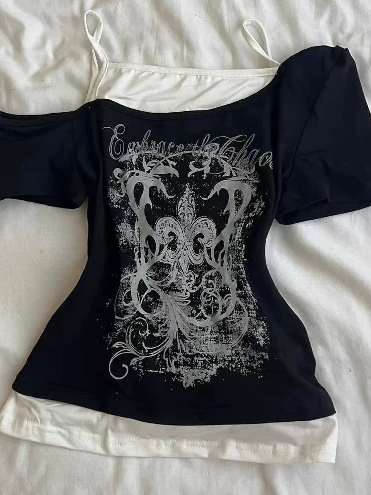 Black Subculture Y2K Abi E-girl American Retro Fake Two-Piece Asymmetrical Shoulder Print Short Sleeve Top