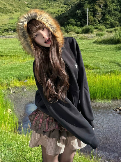 American Vintage Fur Hoodie Jacket Autumn-Winter Warm Zip-Up Sweatshirt Loose Fit