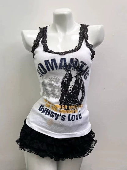 White [Lace Detail] Subculture Y2K E-girl Abi American Retro Print Tank Top