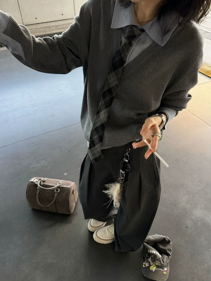 Old Money Fake Layer V-Neck Sweater Polo Collar Knit Pullover Autumn-Winter Cleanfit Top