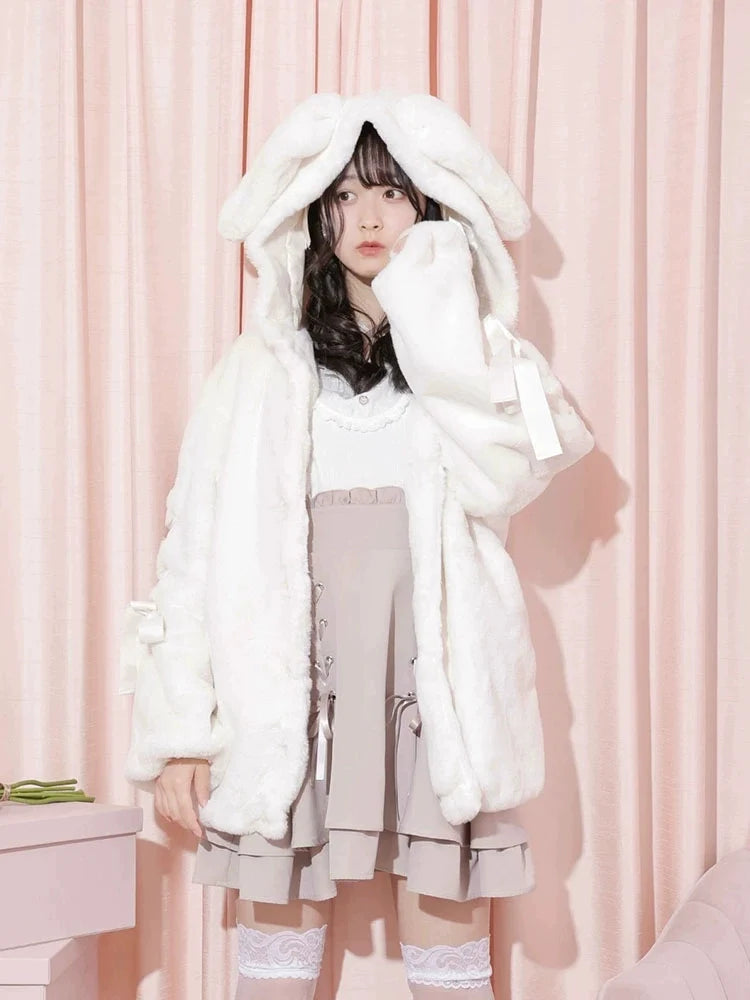 Sweet Bunny Ear Faux Fur Coat