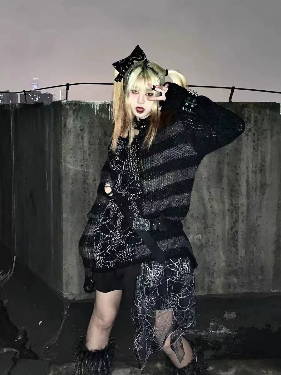Black Purple Spider Web Y2K Punk Distressed Stripe Sweater