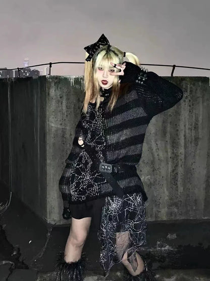 Black Purple Spider Web Y2K Punk Distressed Stripe Sweater
