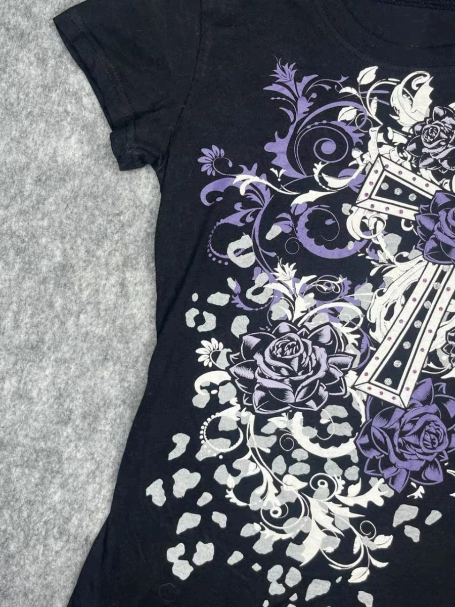 Black Original Gothic Rock Punk Vintage Print Y2K T-Shirt