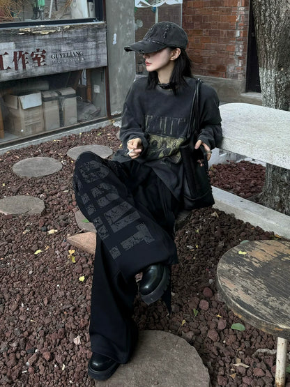 Punk Flame Strap Wide-Leg Pants Boxing-Inspired Streetwear Bottoms