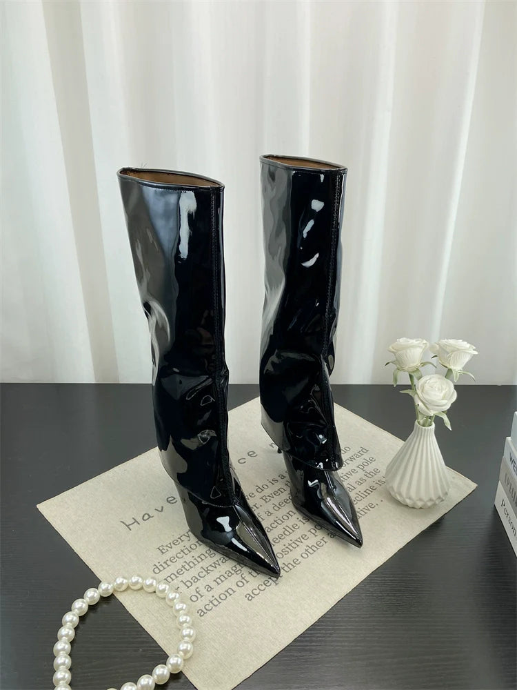 Fall Winter New European Sexy Red Patent Leather Knee High Thin Heel Luxury Pointed Toe Fashion Trouser Boots