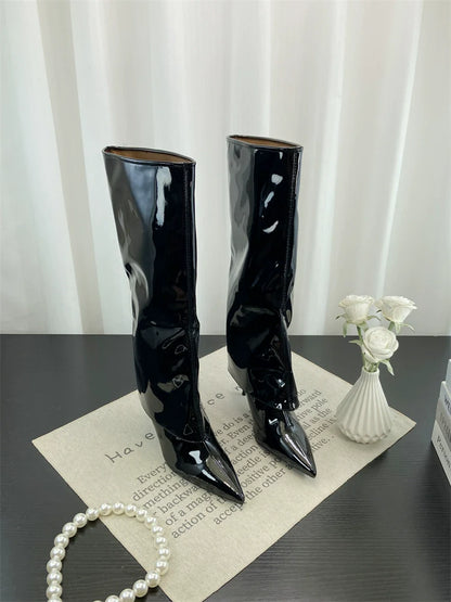 Fall Winter New European Sexy Red Patent Leather Knee High Thin Heel Luxury Pointed Toe Fashion Trouser Boots