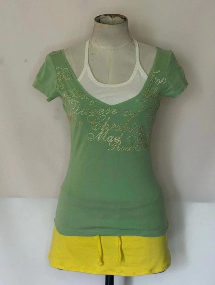 Vintage Green Fake Two-Piece Y2K T-Shirt