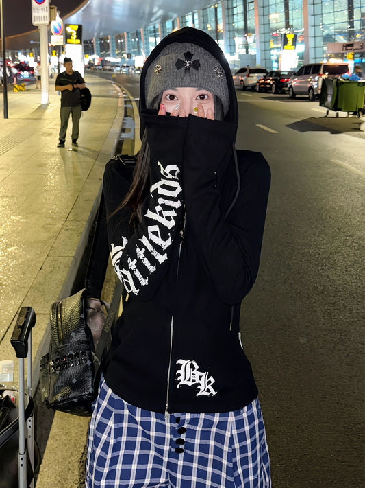 American Gothic Letter Print Zip Hoodie Fitted Long Sleeve Street Jacket