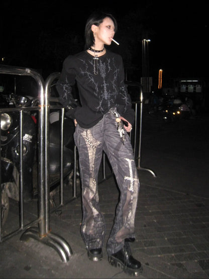 Y2K Black Curved Knife Long Sleeve Punk Tee