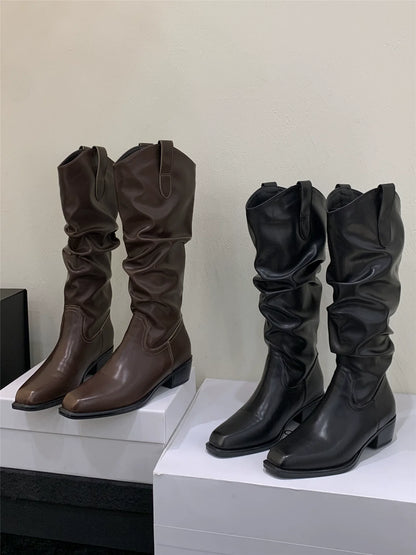 Korean Distressed Slouchy Wide Calf V-Cut Over The Knee Slimming Spicy Girl Chunky Heel Slim Boots