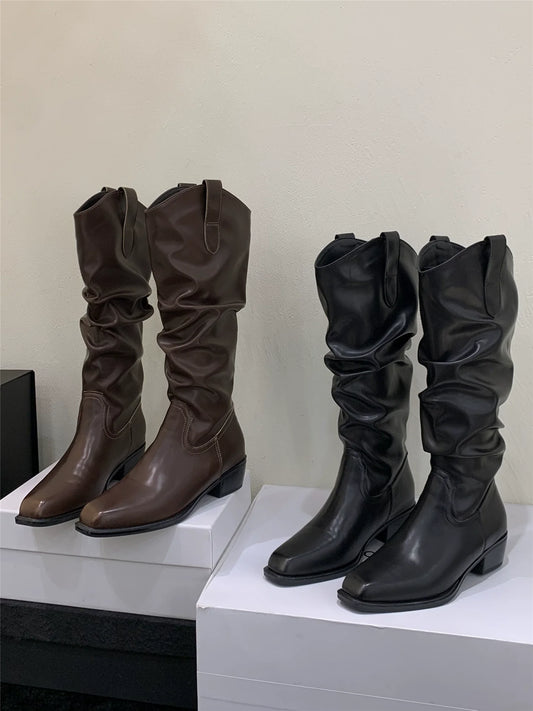 Korean Distressed Slouchy Wide Calf V-Cut Over The Knee Slimming Spicy Girl Chunky Heel Slim Boots
