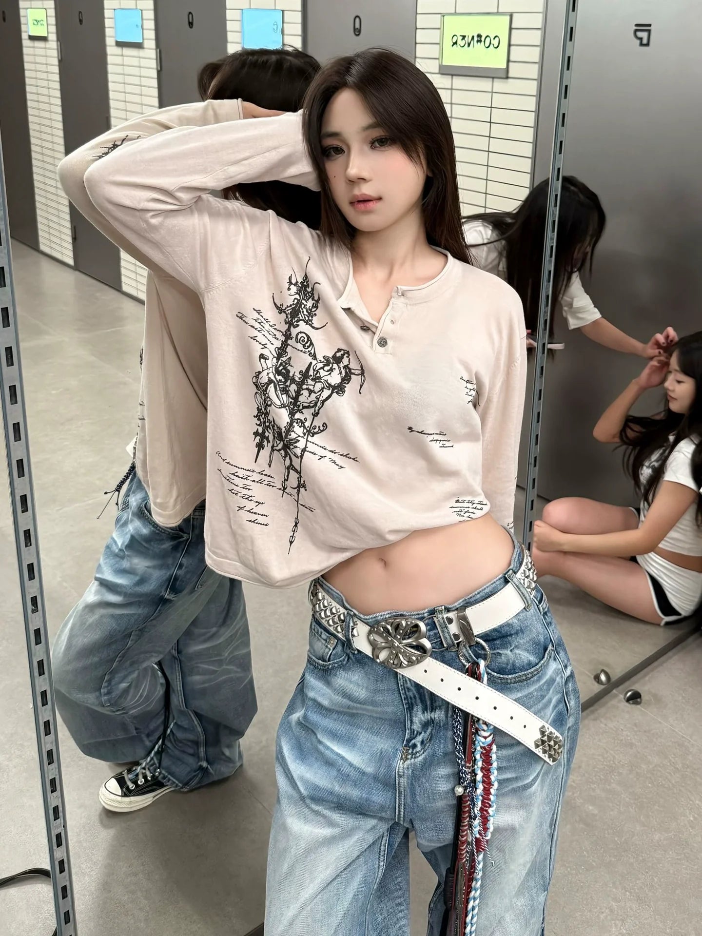 Punk Subculture Printed Long Sleeve Tee Henry Collar Loose Fit Base Top