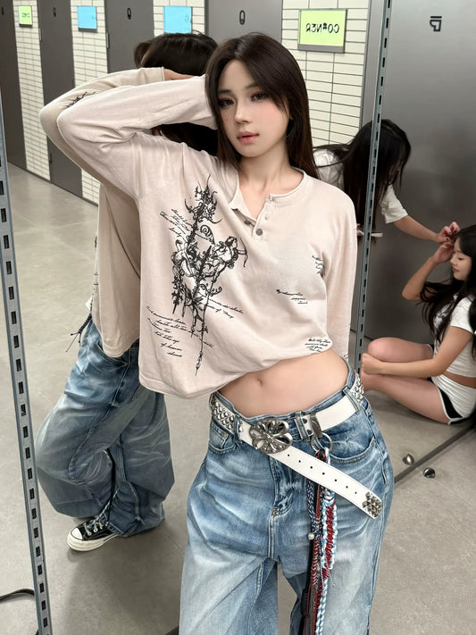 Punk Subculture Printed Long Sleeve Tee Henry Collar Loose Fit Base Top