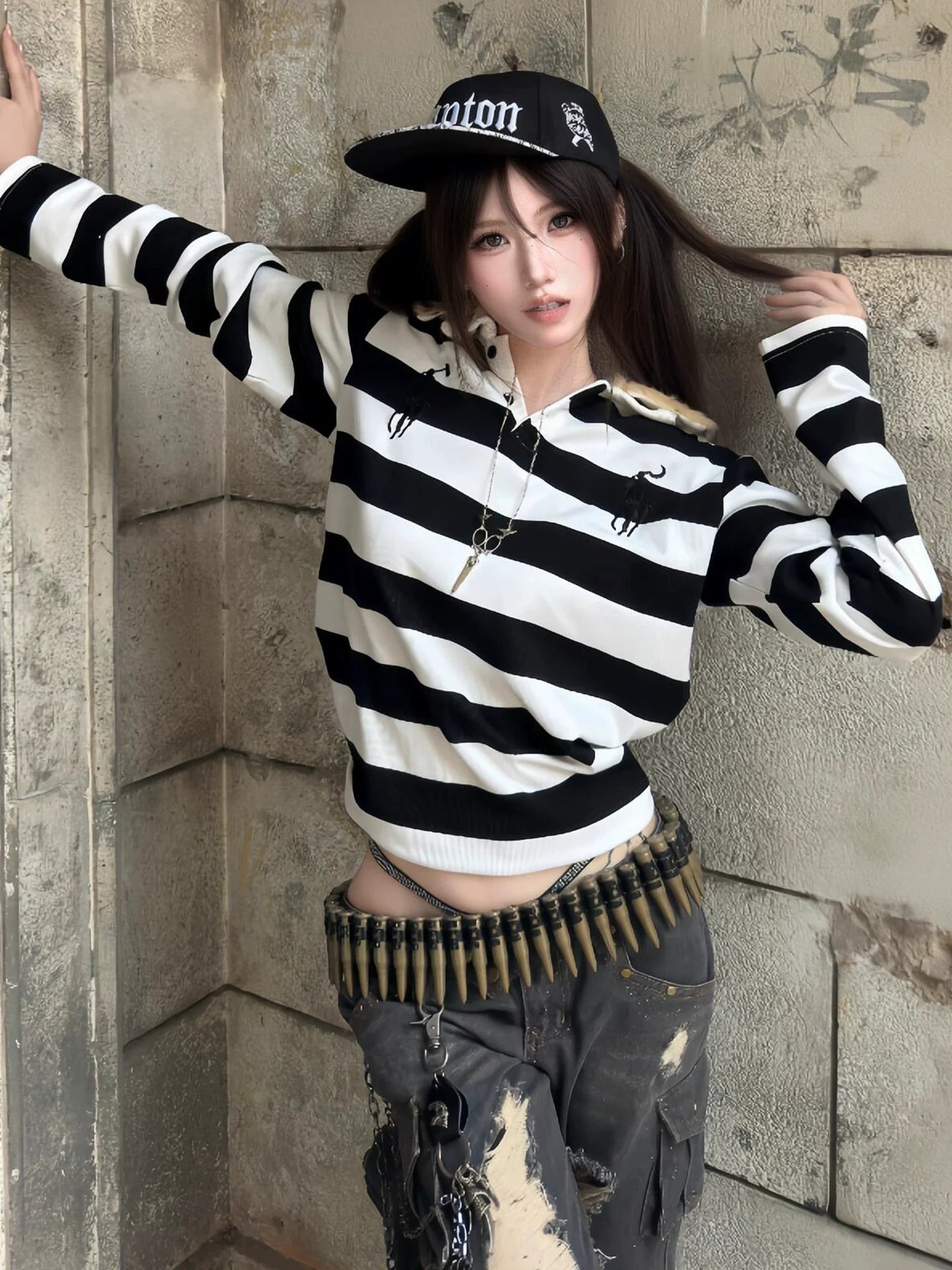 American Vintage Black & White Stripe Long Sleeve Tee Leopard Polo Top