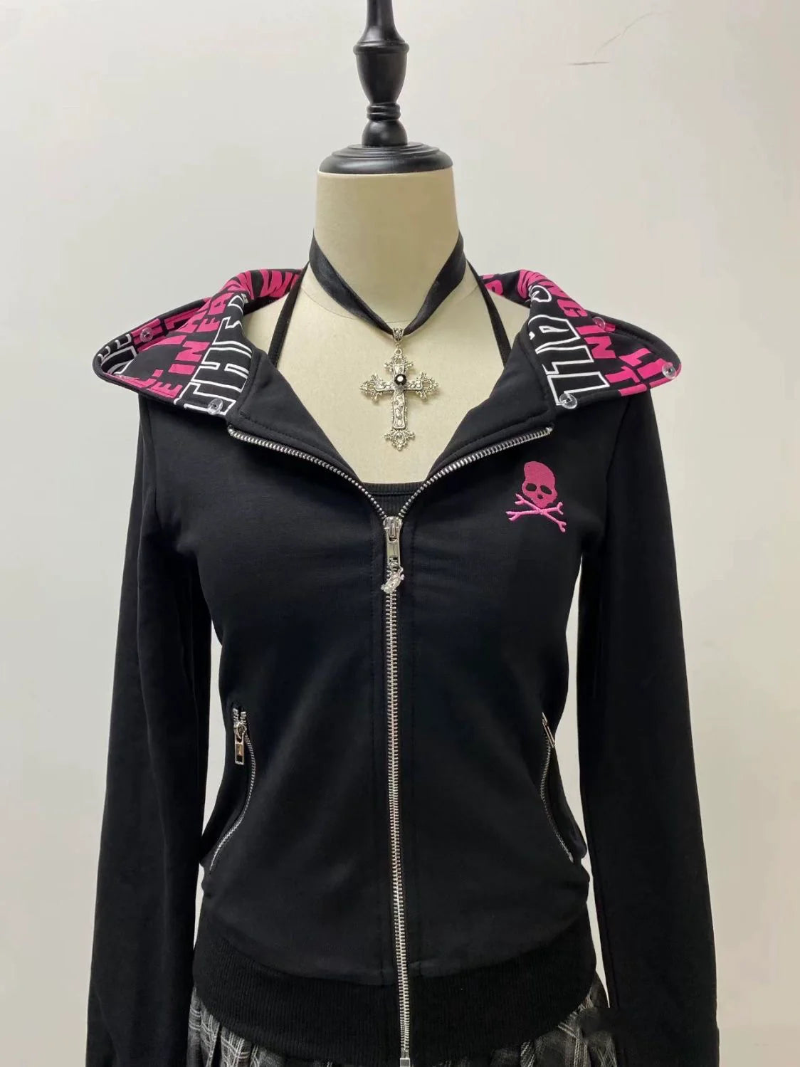 Black Zipper-Pocket Plush Hoodie Jacket Subculture Y2K E-girl Retro Autumn/Winter Niche Design Jacket