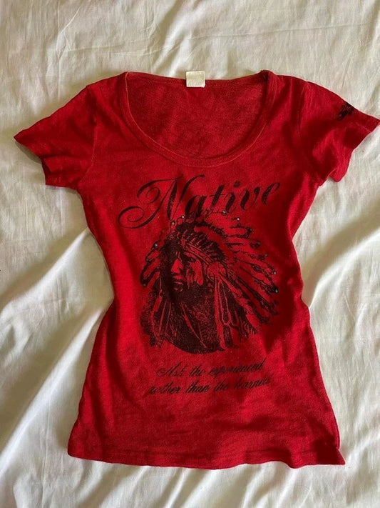 Red Subculture Punk Y2K E-girl Abi American Retro Rhinestone Print Regular-Shoulder Short Sleeve Top