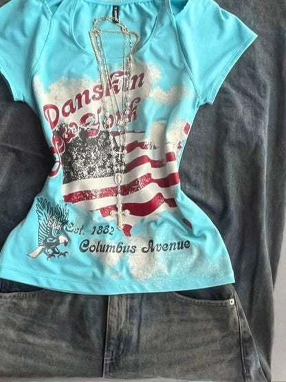 Blue Eagle Halter Subculture Y2K E-girl Abi American Retro Vintage Light Subculture Short Sleeve Top