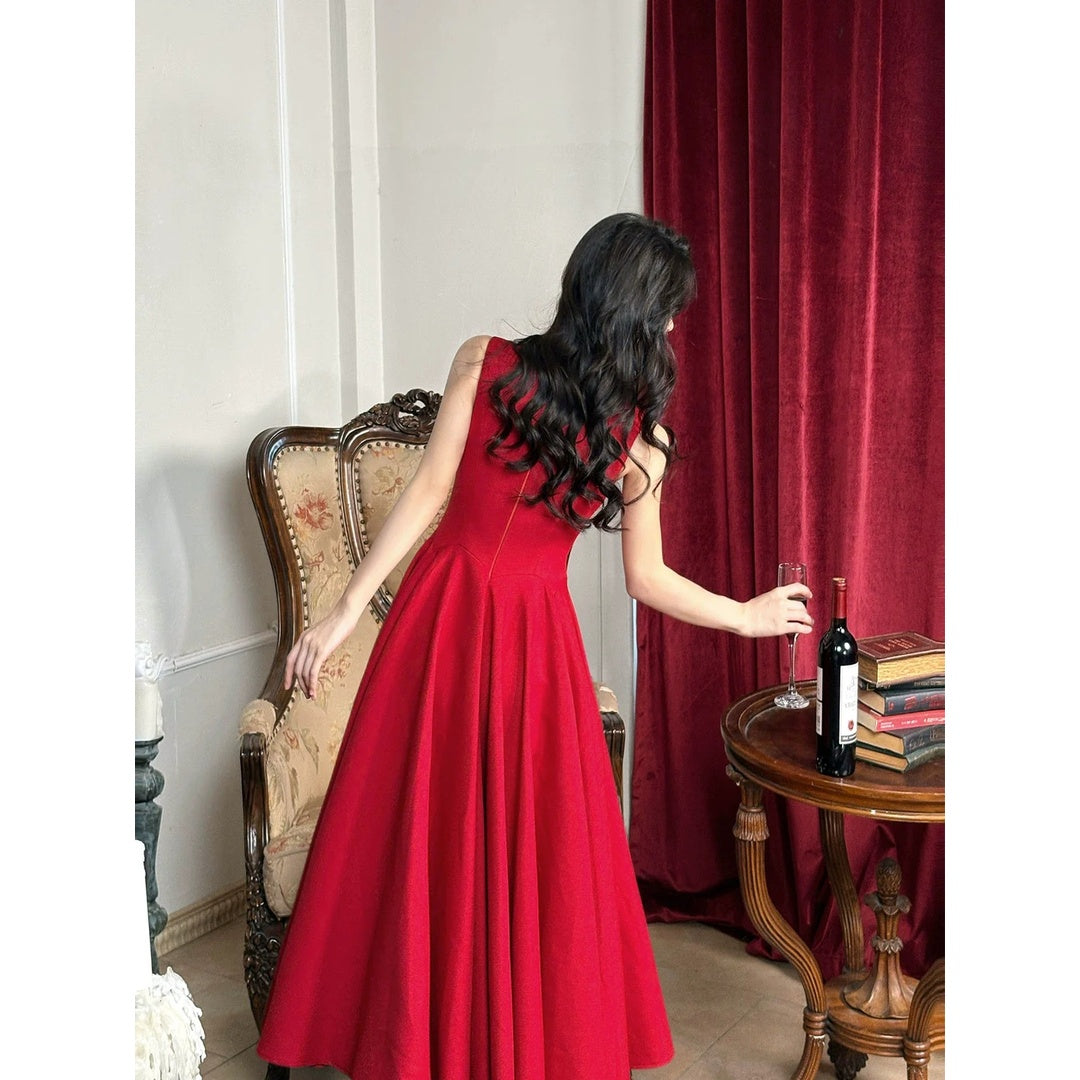 French V-Neck Red Sleeveless Ball Gown Dress