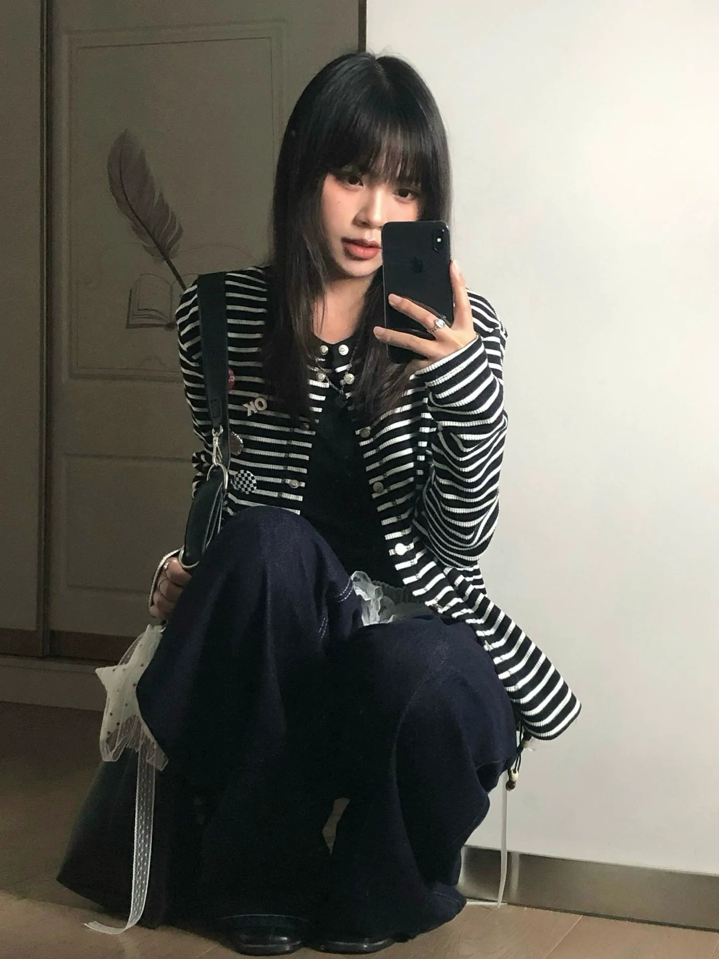 Vintage Black-White Stripe Knit Cardigan Y2K Loose Lazy Sweater