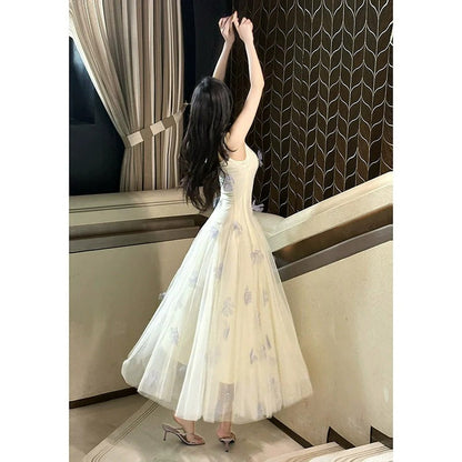 Embroidered Floral Lace Spaghetti Strap Gown Dress