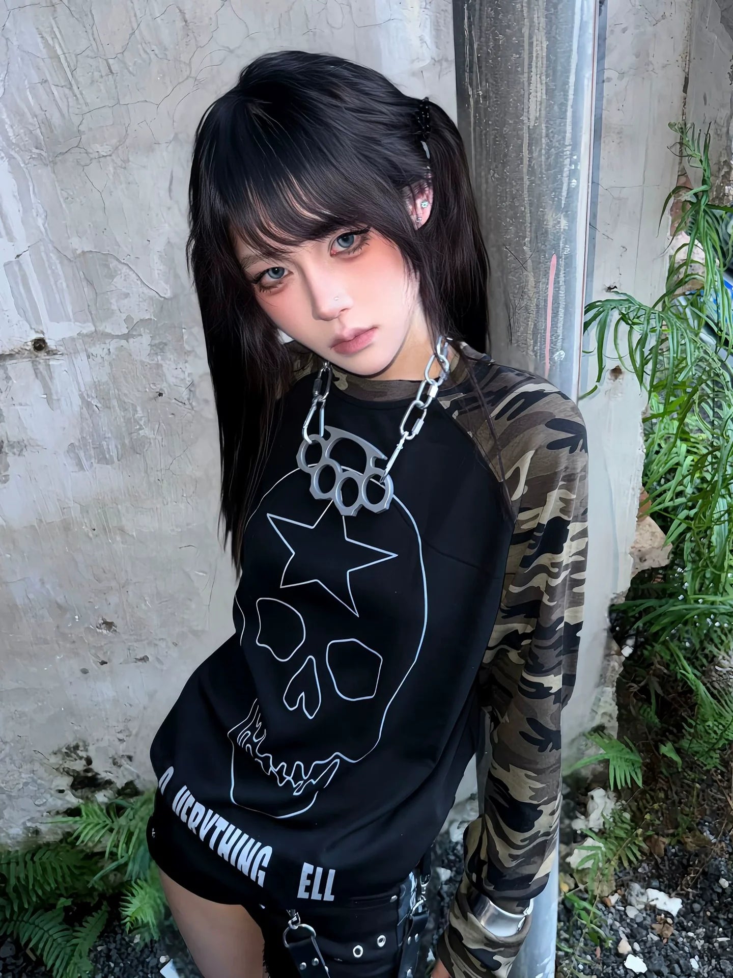 Y2K Camo Skull Long Sleeve Tee Vintage Millennium Alt Top