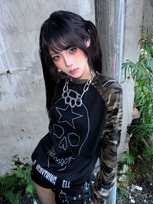 Y2K Camo Skull Long Sleeve Tee Vintage Millennium Alt Top