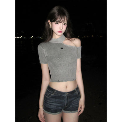 Asymmetrical Knitted Shoulder Short Sleeve Slim Crop Top