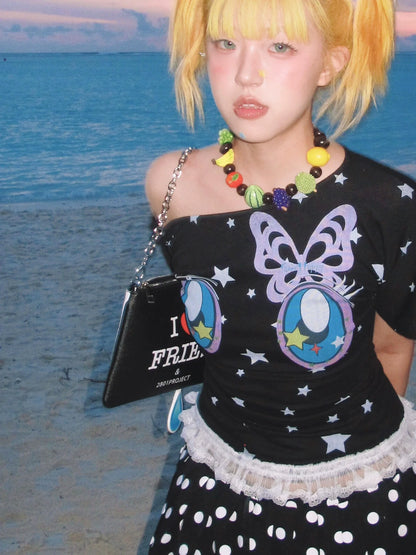 Y2K Comic Eye Print Off-Shoulder Tee Slim Fit Retro Alt Girl Top