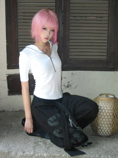 Y2K Subculture Boxing Hoodie Tee  Skull Print Slim Fit Mid-Sleeve Top