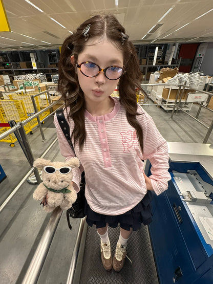 Pink Striped Henley Long Sleeve Loose T Shirt Summer Top