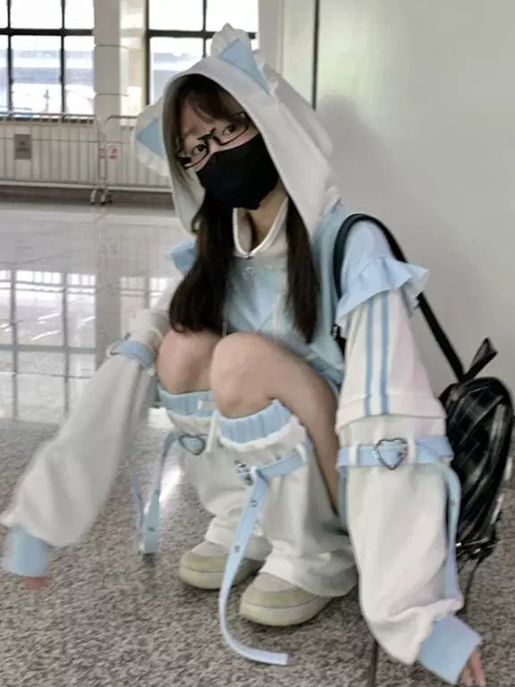 Blue & White Virtual Human Hoodie [Spring-Autumn] Subculture Y2K Anime Cat-Ear Hooded Fleece-Lined Jacket