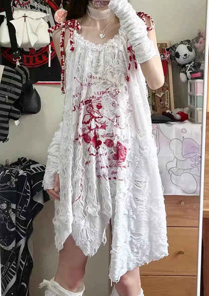 Dress [With Arm Sleeves + Leg Warmers] Subculture Y2K E-girl Toothache Angel Drawstring Textured Camisole Dress