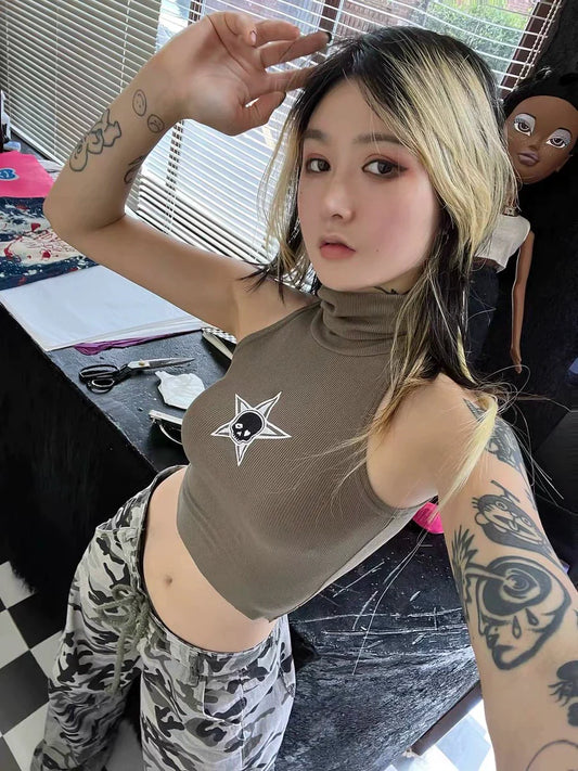 Gray Punk Skull Print Mock-Neck Slim Tank Top Y2K