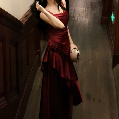 French Satin Red Ruffle Birthday Gown Dress