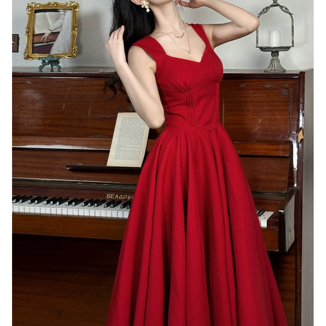 French V-Neck Red Sleeveless Ball Gown Dress