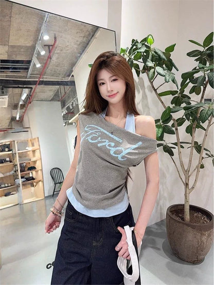 Light Gray Fake Two-Piece Halter Subculture Y2K E-girl Abi American Retro Letter Print Short Sleeve Top