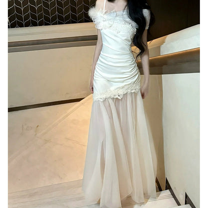 French Lace Tulle One Shoulder Mermaid Gown Dress