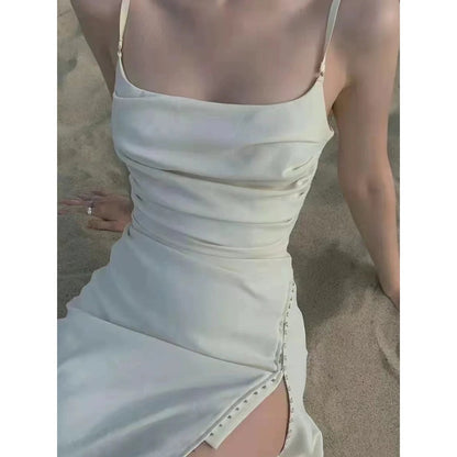 French Elegant White Spaghetti Strap Mini Gown Dress – Chic Open-Back Dress