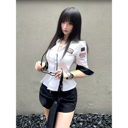 Sporty Baseball Striped Short Sleeve Shirt