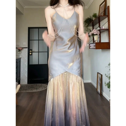 Holographic Iridescent Spaghetti Strap Mermaid Gown Dress